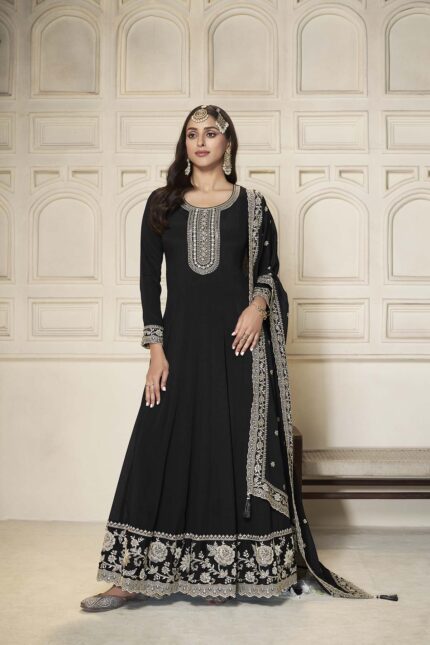 Chinon Top with White Embroidery & Sequins Anarkali Suit Set